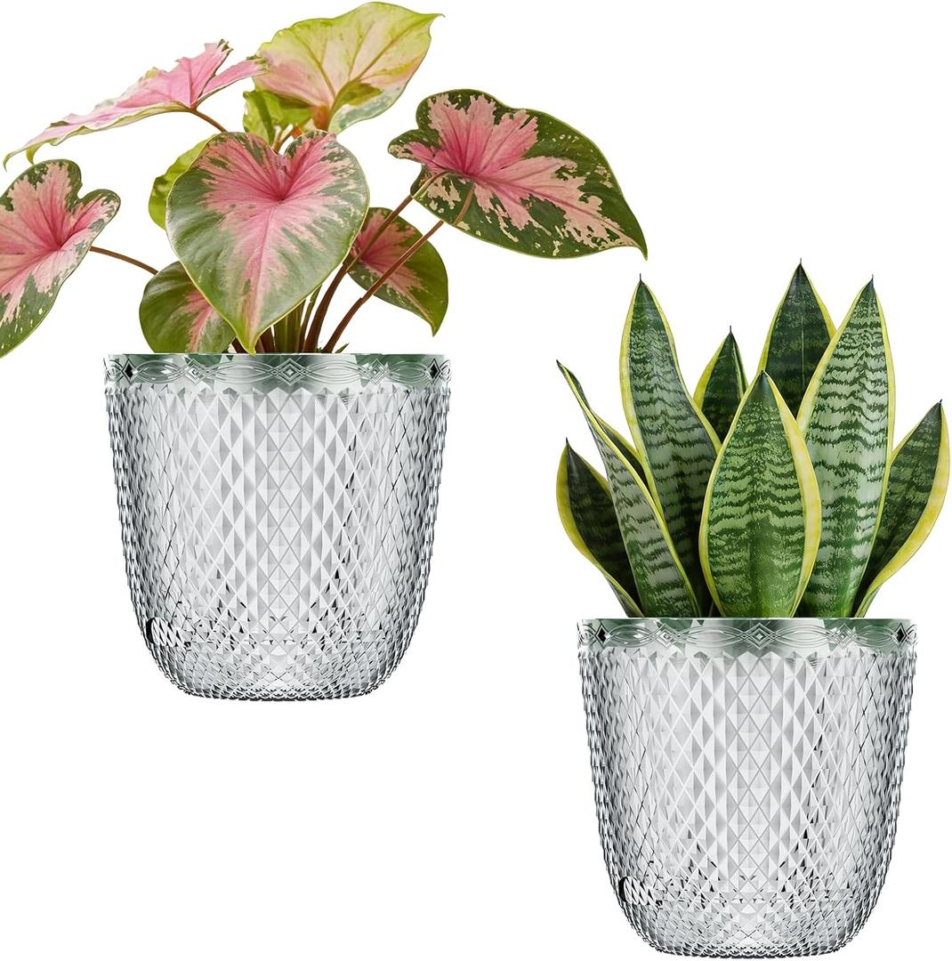 QCQHDU 2 Pack Self Watering Pots, 7.2 Inch Flower Pots with Drainage Holes and Water Filling Port, Plastic Garden Planter for Indoor Outdoor Plants (Clear)