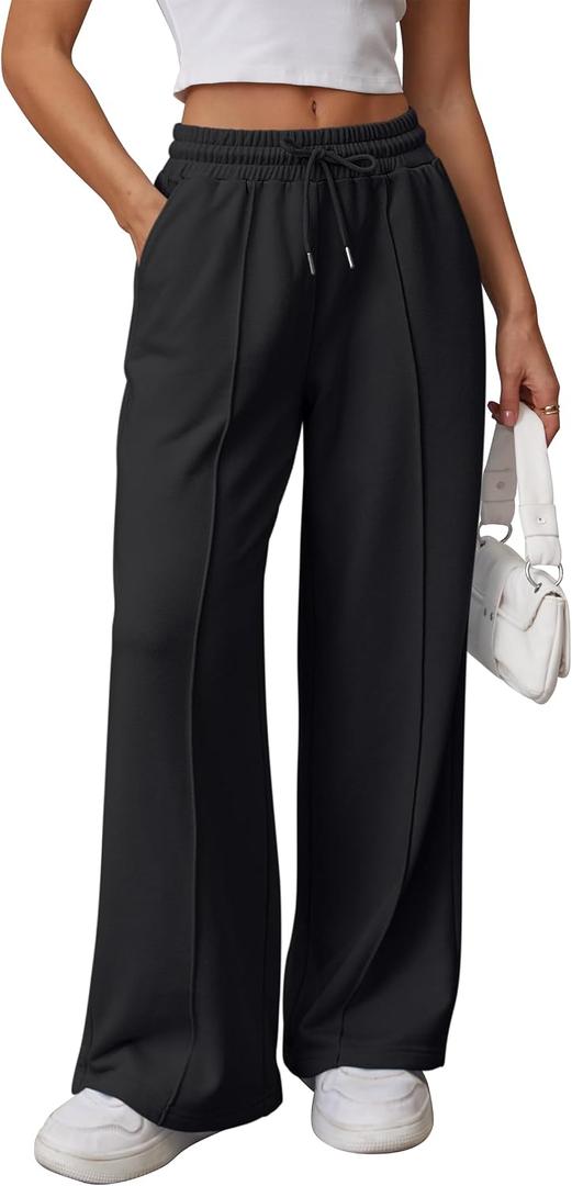 ATHMILE Womens Wide Leg Sweatpants High Waisted Baggy Pants Fashion Teen Girl Drawstring Athletic Joggers (Black, L)