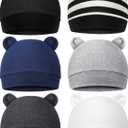 Geyoga 3 Pieces Newborn Baby Hat Bear Ears Infant Caps Baby Boy Girl Toddler Hats Infant Beanie Caps for 0-3 Months (Black White, Navy Blue, White)