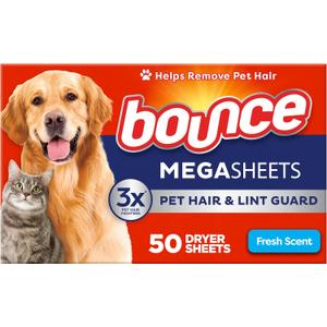 Bounce Pet Hair and Lint Guard Mega Dryer Sheets with 3X Pet Hair Fighters, Fresh Scent, 50 Count