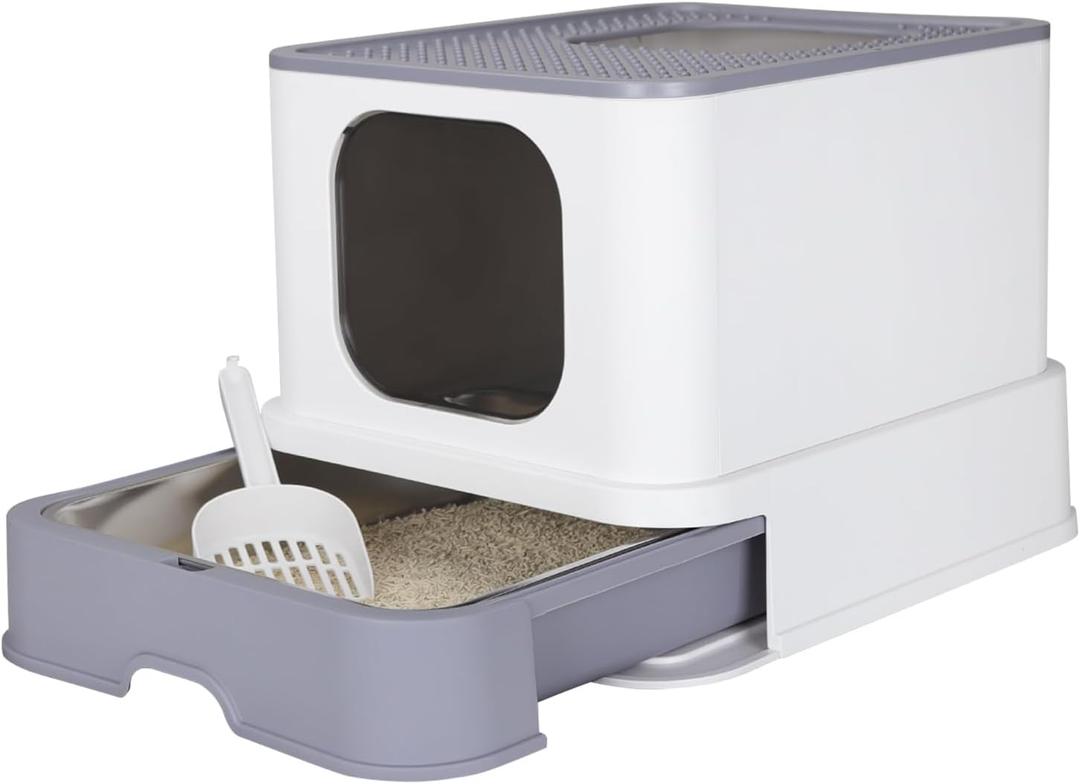 RIZZARI Foldable Cat Litter Box, Cat Box with Drawer, Large Capacity Litter Box with Lid, Top Opening Litter Pan for Small to Big Cats (White-Stainless Steel Basin)