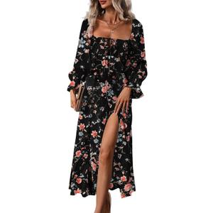 BLENCOT Womens Casual Square Neck Long Sleeve Boho Floral Midi Dress Print Side Split Dresses (X-Large)