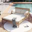 KLMM Rustic Patio Chaise Lounge with 2 Positions,Outdoor Wooden Lounge Chair with Curved Armrests and Four Pillows,for Lawn Deck Poolside Backyard Garden (Light Teak+Beige#n)