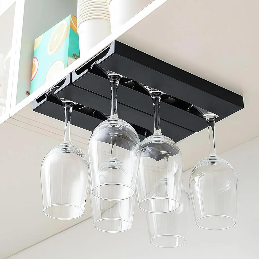 RIIPOO Glass Rack Hangers Under Cabinet, 2 Pack Glasses Holders Under Shelf No Drill, Under Counter Glass Holder, Black