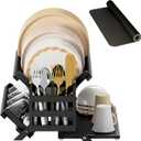 Greenual Black Bamboo Dish Drying Rack with Utensil Holder, 3 Tier Collapsible Dish Rack, Wooden Dish Racks for Kitchen Counter, Large Folding Drying Holder with Absorbent Dish Drying Mat