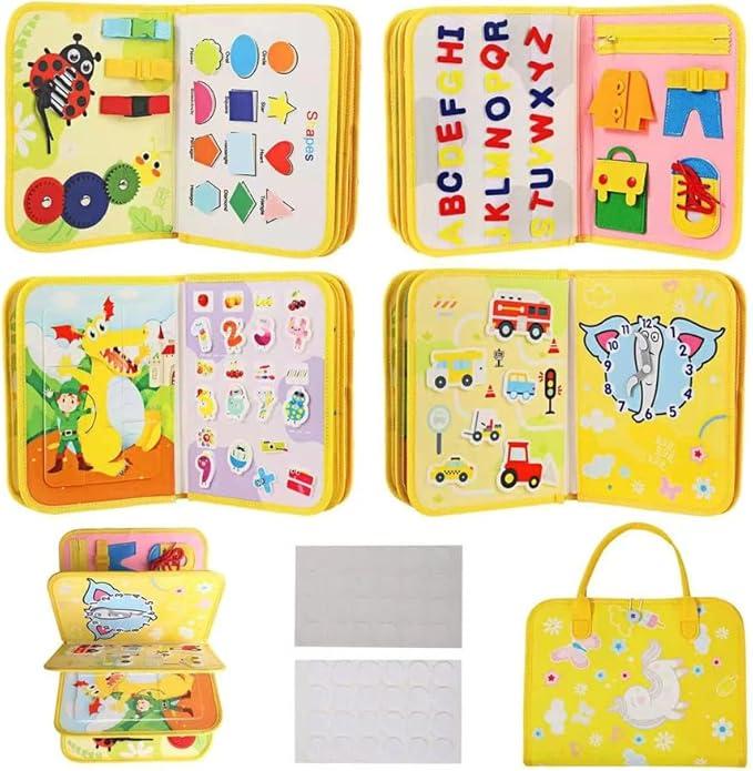 Educational Book for Toddlers, Travel Learning Activity Board with Shapes, Letters, Numbers, Life Skills, Clock Learning,Travel-Friendly Yellow Busy Board, 11 x 8.8 inches Felt Playboards