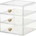 AJIODA Makeup Drawer Organizer Box with 3 Drawers, Acrylic Cosmetic Display Case Vanity Organizer Jewelry Storage Box Stackable Storage for Cosmetics, Skin Care, Bathroom, Countertop, Gold Handle