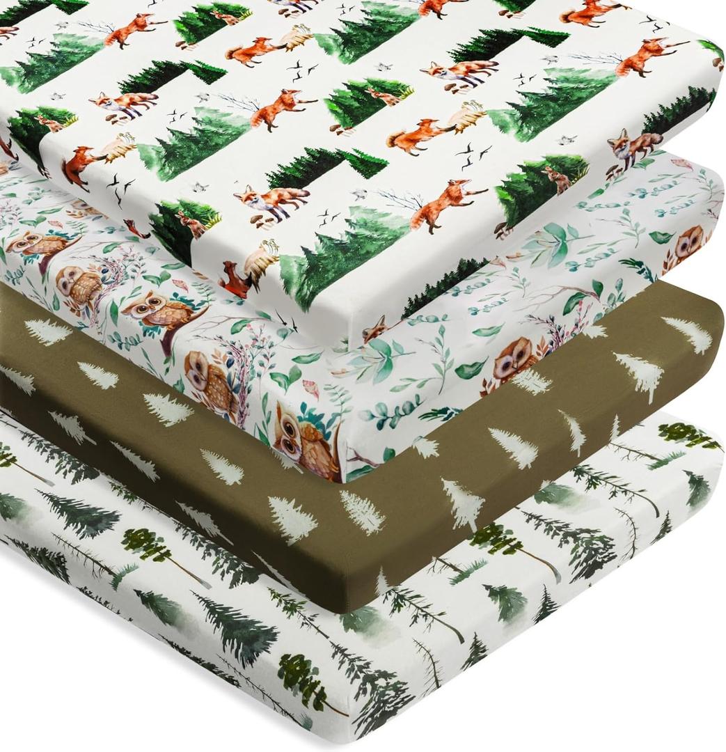 4 Pack N Play Sheets Woodland Forest Animals Wood Neutral Unisex Fitted Baby N Play Sheets Fitted for Standard Pack and Plays and Mini Cribs Set for Baby Boys or Girls (Paint Fox)