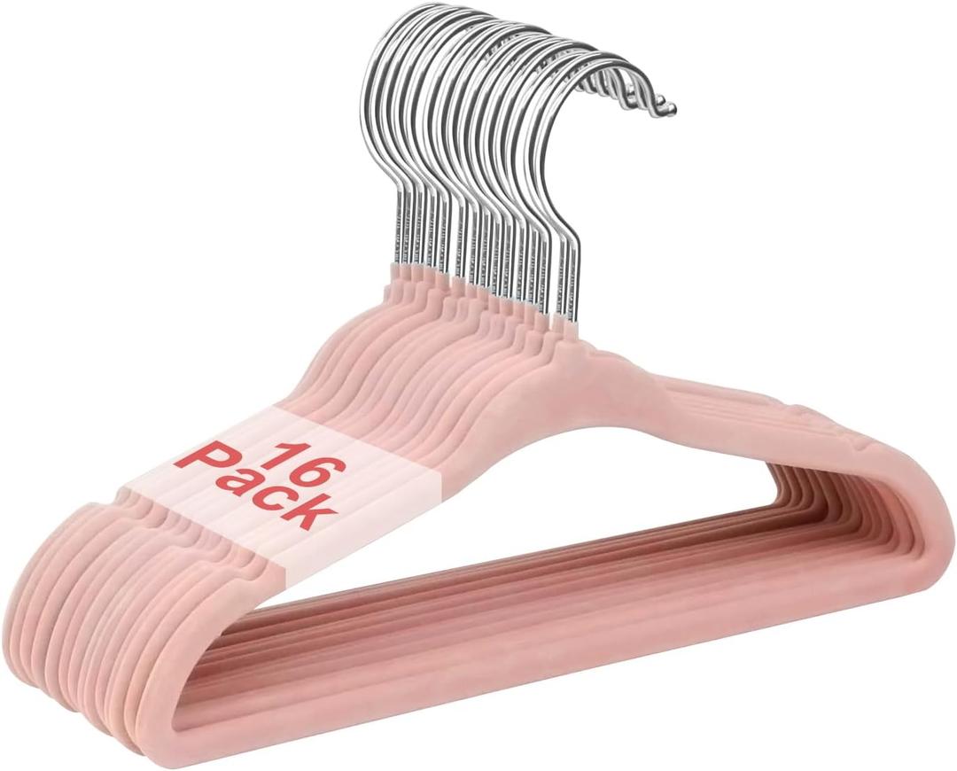 Baby Velvet Hangers, 11 Inches Kids Clothes Hangers, Non-Slip Childrens Hangers for Infant and Toddler 16 Pack Pink