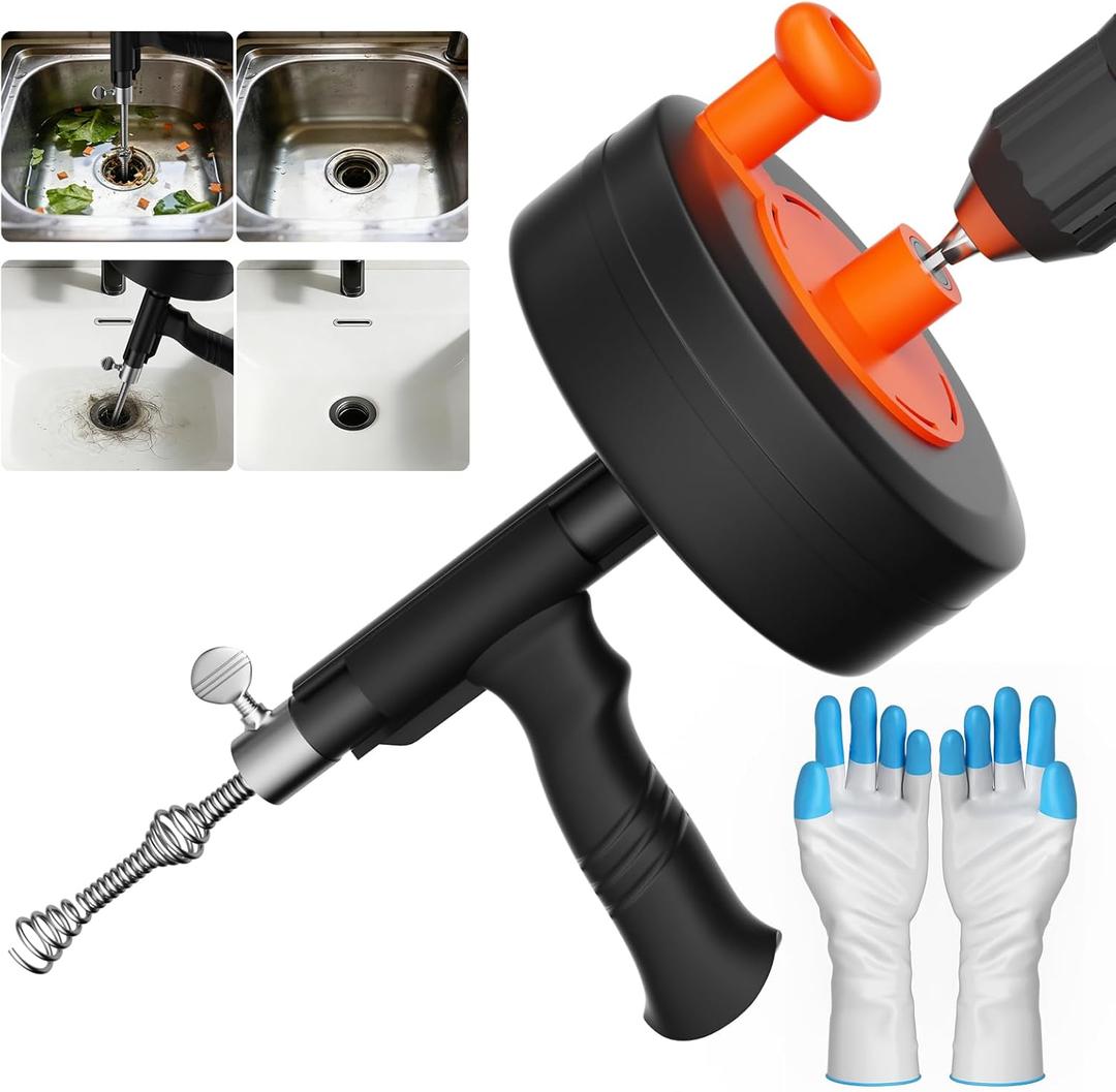 Drain Auger, 25FT Snake Drain Hair Removal Tool, Drill Powered and Manual Drain Cleaner Tool with Drill Adapter & Gloves, for Bathroom Sink, Shower Drain, Tub, Kitchen Sink, Household Plumbing