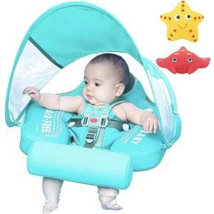 Mambobaby Float with Canopy Size Improved Non Inflatable Infant Baby Pool Float Smart Mambo Float Swim Trainer Add Tail Baby Swim Float Mambo Baby Float Solid Air Free Water Waist Swimming Ring (Dinosaur Green)