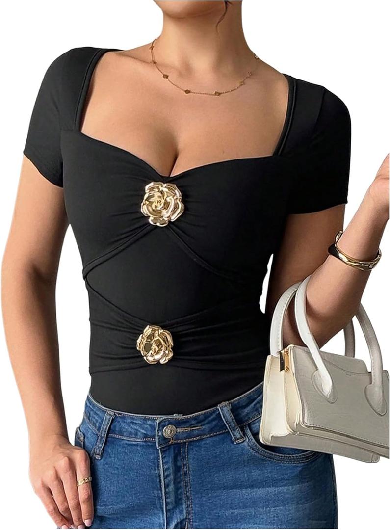 SOLY HUX Women's T Shirt Metal Flower Sweetheart Neck Short Sleeve Ruched Tee Slim Fit Going Out Summer Tops (Black, L)