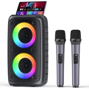 Karaoke Machine, Portable Bluetooth Speaker, PA Speaker with 2 Wireless Karaoke Microphones, Karaoke Machine for Adults Kids with Upgraded Subwoofer, Support TWS/TF/USB/AUX for Home Party Outdoor