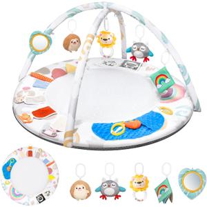 Montessori Baby Play Gym & Activity Mat for Brain Development (0-12Mo) | 5-Sensory Zones + 5 Toys |Portability Tummy Time Activity Mat Stage-Based for Newborn Brain Development Essential & Gift-Ready (Large)