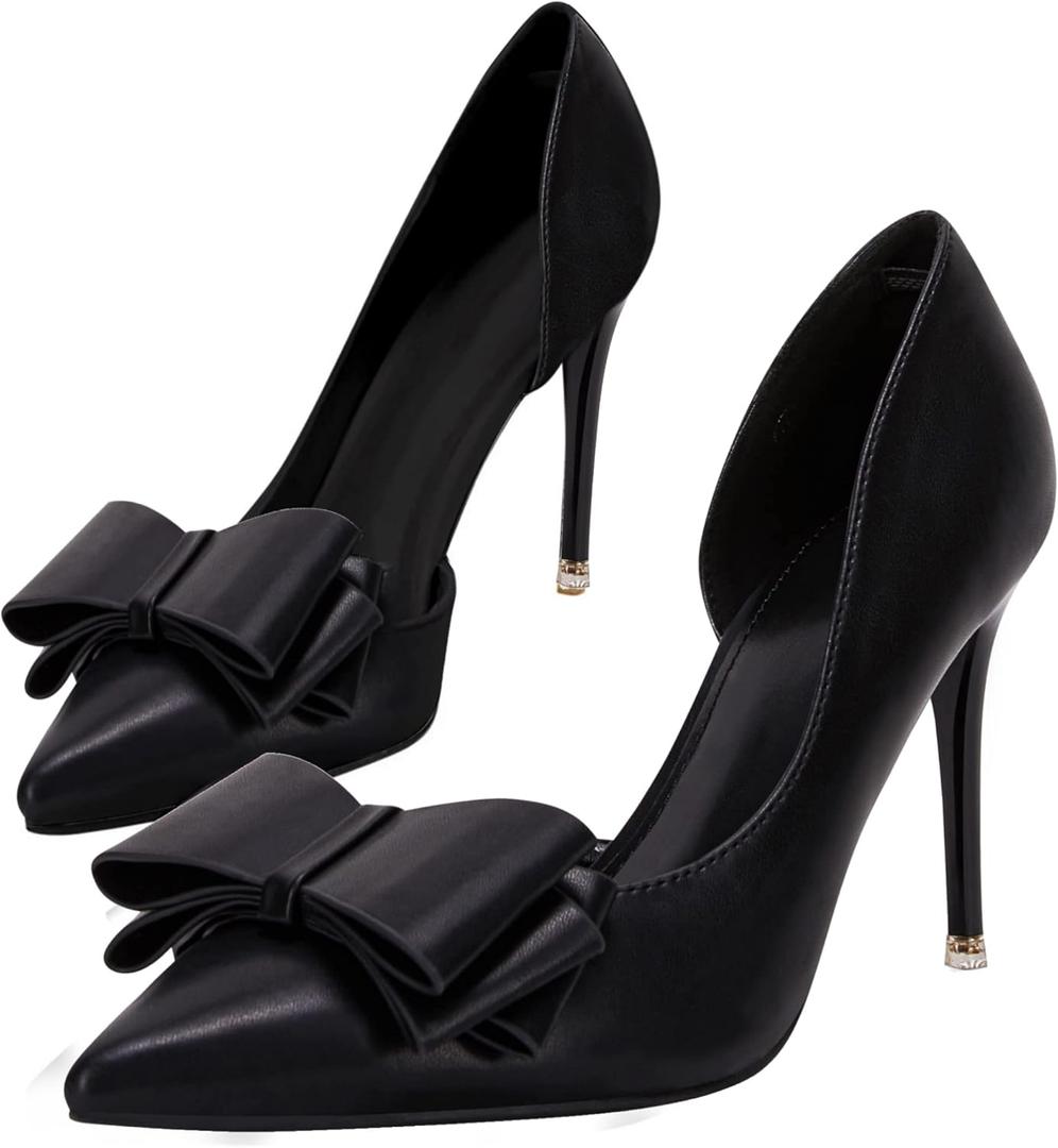 Womens Bow Heels Closed Pointed Toe Dress Shoes Stiletto Slip on Wedding Pumps (Black), 10