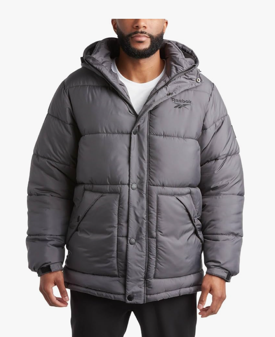 Reebok Mens Puffer Jacket - Heavyweight Quilted Mens Jacket with Hood - Weather Resistant Parka Winter Jackets for Men,L