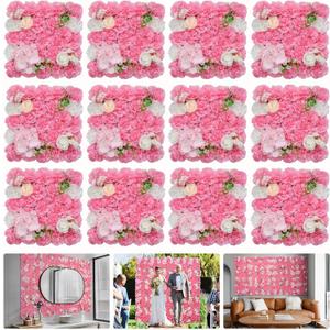 Flower Wall Backdrop 12pcs 16.5x16.5 Inch Artificial Floral Wall Panel 3D Silk Rose Wall Decor Ideal for Wedding Celebrations, Festive Party Backdrops, and Home Decor-Rose Pink