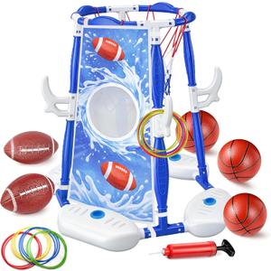 Pool Basketball Hoop, 3-in-1 Floating Basketball Hoop & Football Ring Games with 5 Balls 12 Rings and Pump, Outdoor Family Party Water Swimming Pool Basketball Toys for Kids Ages 4-8 8-12