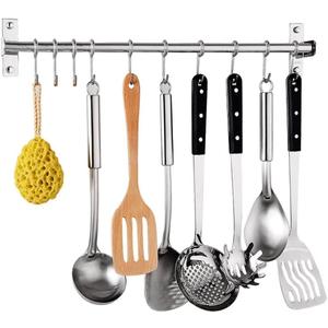 Kitchen Sliding Hooks, Stainless Steel Hanging Rack Rail Organize Kitchen Utensil Removable S Hook for Towel, Spoon, Coats, Bathrobe, BBQ,Wall Mounted Hanger (10 Hooks 23.6In)