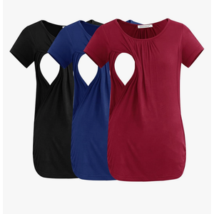 Smallshow Women's Nursing Tops Ruched Short Sleeve Breastfeeding Shirts 3-Pack, Size M , Black - Navy–Wine
