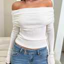 ZESICA Long Sleeve Shirts for Women Ribbed Knit Off Shoulder Slim Fit Going Out Tops Outfits 2026 Trendy Fashion Clothes (White)