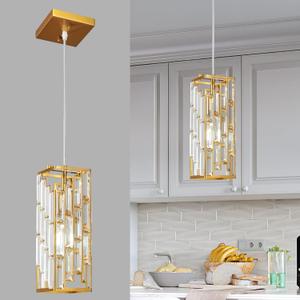 Gold Pendant Lighting Modern Pendant Light, Mini Crystal Chandeliers,Adjustable Pendant Light Fixture for Kitchen Island Dinning Room Bedroom (1 Pack)