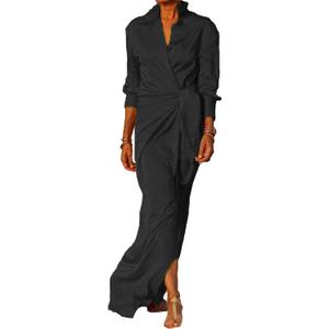 ECDAHICC Women's Satin Silky Long Sleeve Laple V Neck Lace Up High Waist Side Split Floor Length Wrap Maxi Shirts Dress (Large, Black)