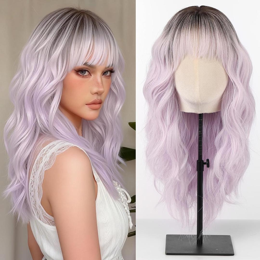 testar Ombre Purple Wigs for White Women 20 Inch With Bangs Hair Replacement Wigs Realistic Looking Synthetic Curly Wigs For Daily Party Use