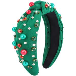 2 x TODDER Green Christmas Knotted Headband, Santa Embellished Pearl Rhinestone Crystal Headband for Women and Girls Christmas Hair Accessories Costumes and Gifts for Themed Parties and Holiday