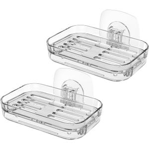 Soap Dish for Shower Clear Soap Holder Pull-Out Water Tray No Drilling Required Strong Fixation for Rv Bathroom and Kitchen Easy, 2 Pack
