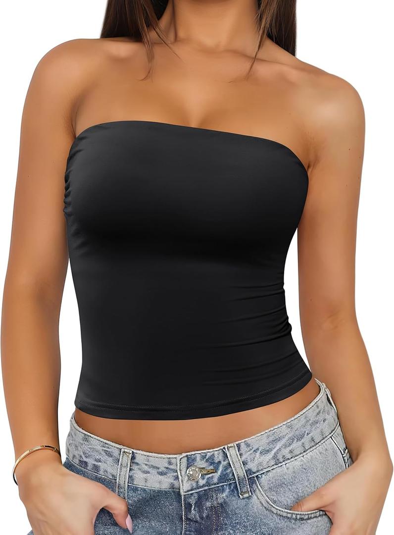 Caracilia Womens Tube Tops Strapless Crop Top Basic Sleeveless Bandeau 2025 Summer Sexy Going Out Outfits (Black)