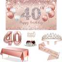 Trgowaul 40th Birthday Decorations Party Set for Women, Rose Gold 40 Birthday Banner and Tablecloth, 40 & Fabulous Sash and Tiara, 1PC Happy 40th Birthday Cake Topper, Pink Gold 40 Number Balloons