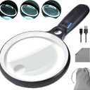 Large Magnifying Glass with 37 LED Light, 10X 20X 45X Handheld Illuminated Lighted Magnifier with 3 Light Modes Rechargeable Magnifying Glass for Seniors Reading, Inspection (White & Black)