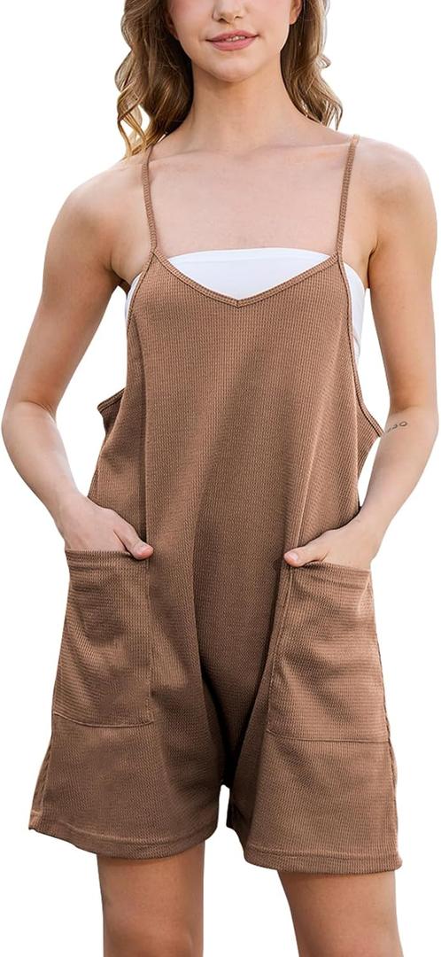 Rompers for Women Summer Casual Waffle Knit Sleeveless Romper Spaghetti Strap Shorts Overalls Jumpsuit with Pockets (Medium, Khaki)