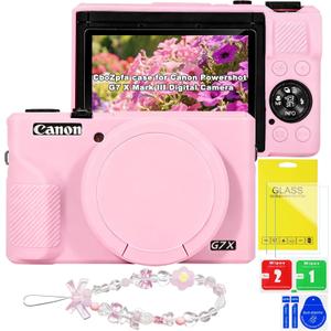 CboZpfa Case for Canon Powershot G7 X Mark III Digital Camera, Soft Silicone Protective with Removable Lens Cover, G7 X Mark III Accessories(2 Tempered Glass Cover, 1 Charm Wrist Strap) - Pink