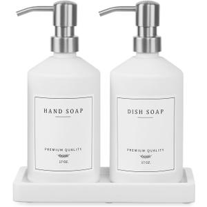 White Glass Soap Dispenser for Kitchen, Dish and Hand Soap Dispenser with Silver Stainless Steel Pump, Modern Kitchen Decor and Accessories (White Bottle/Silver Pump)