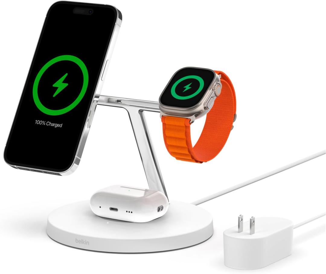 Belkin MagSafe Charger, 3-in-1 Wireless Charging Stand, 2ND GEN, 33% Faster for Apple Watch, iPhone 16, iPhone 15, iPhone 14 Series, AirPods - MagSafe Charging Station for Multiple Devices - White 