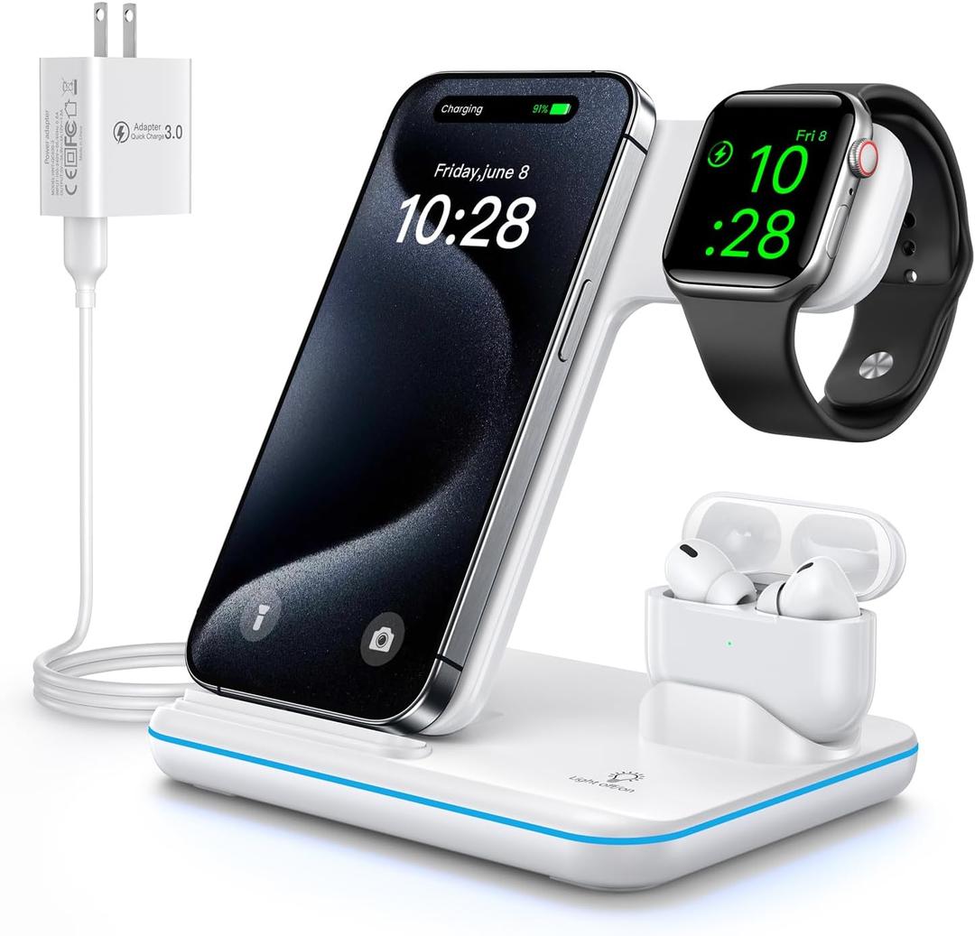 WAITIEE Wireless Charger 3 in 1 Charging Station for for iPhone 16 15 14 13 12 11 X 8 & for Apple Watch, for AirPods 1/2/3/Pro/Pro 2 with Lightning Charging Case(White)