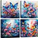 Butterfly Wall Art Colorful Flower Pictures Blue Abstract Butterfly Bathroom Wall Decor Nature Wildflower Canvas Prints Farmhouse Botanical Artwork Living Room Bedroom Home Decorations 12x12" 4Pcs