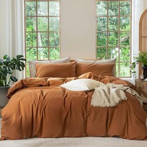 MooMee Bedding Duvet Cover Set 100% Washed Cotton Linen Like Textured Breathable Durable Soft Comfy (Solid Dark Orange, Super King Plus 120"x120")
