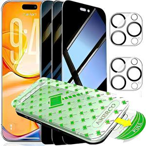 3 Pack for iPhone 16 Pro Max Privacy Screen Protector + 2 Camera Lens Protector 9H+ Tempered Full cover Glass 12FT Military Grade Shatterproof Anti Spy Auto Alignment Kit