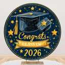 7.2ft Graduation Round Backdrop Cover Blue and Gold Class of 2026 Circle Backdrop for Photoshoot Congrats Grad Photography Background for Graduations Party Decorations Photo Props