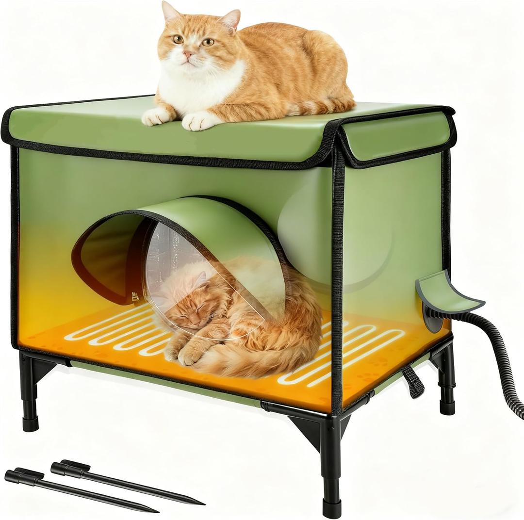 Heated Cat House for Outside Winter with Heater, 100% Weatherproof, Oxford Cloth Insulated Outdoor Cat Shelter with Waterproof Eaves & Escape Door for Outside Stray Barn Cat Green 17x13x19in
