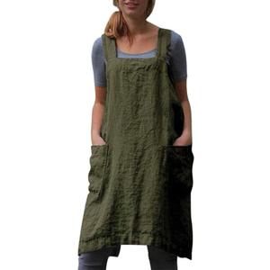 YESDOOD Cotton Linen Apron Cross Back Apron for Womens with Pockets Pinafore Dress for Baking Cooking (Medium, Green)