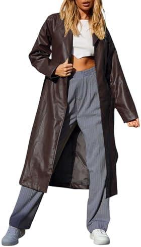 chouyatou Women's Casual Lapel Open Front Pu Faux Leather Long Trench Coat with Belt L