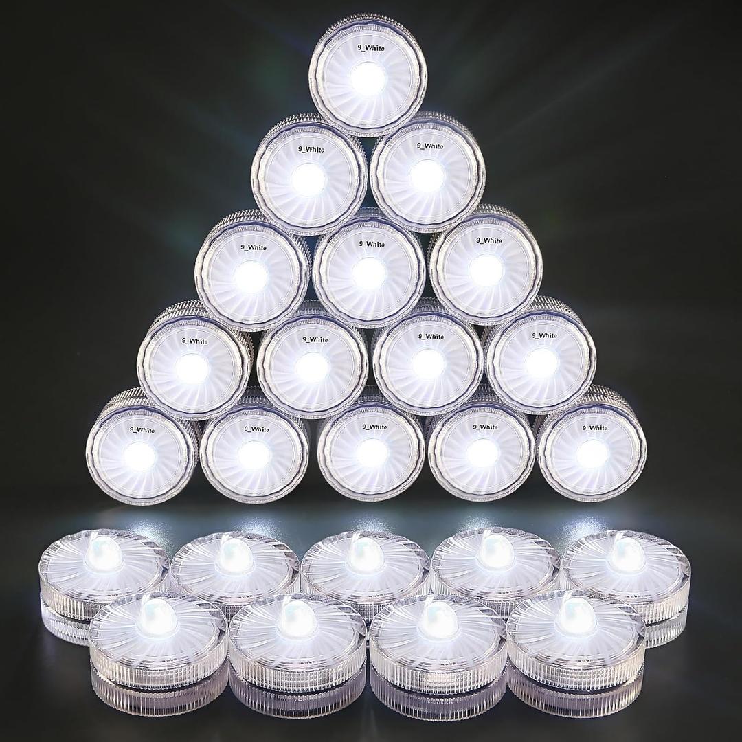 HL Submersible LED Light,White Small LED Light,100 Hours Waterproof Flameless Led Lights Battery Powered for Wedding Home Vase Festival Party Decoration 24pcs (Built-in 48 Batteries)