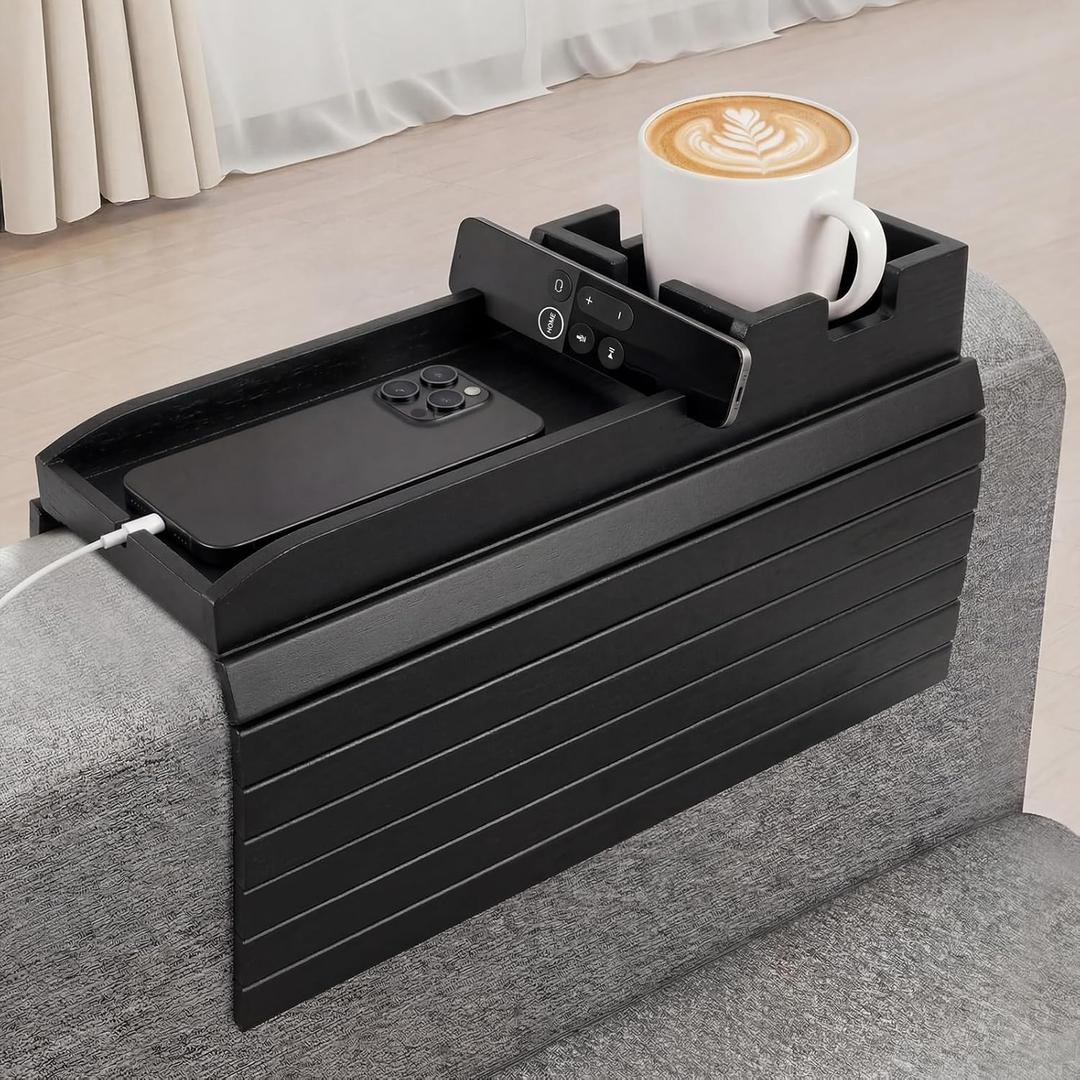 Bamboo Couch Arm Tray Table with Built-in Cup Holder, Foldable Anti-Slip Sofa Armrest Table for Drinks, Phone & Remote, Fits 4.716.9 in Armrests, Holds Cups up to 3.5 in Diameter (Black)