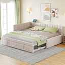 Merax Full Size Upholstered L-Shaped Daybed with Twin Size Pop Up Trundle and USB Ports, Modern Square-Block Design, Soft Backrest, Beige