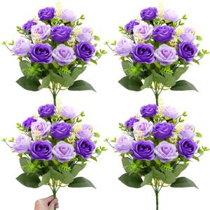 TURNMEON 40 Heads Fake Roses Artificial Flowers for Outdoors Summer Decor, 4 Bouquets UV Resistant Fake Flower Bouquet Faux Silk Roses for Wedding Birthday Party Home Mother's Day Cemetery Decor(Purple)