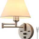 PFQCGU Swing Arm Wall Sconces, Plug-in Wall lamp,Bedroom Wall lamp ， White Fabric Shade，，with dimmable Switch and USB Charging Port, Suitable for Bedside, Living Room, Reading (Nickel)